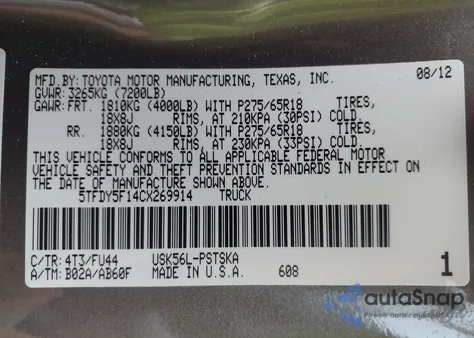 2012 Toyota Tundra Crewmax Sr5 from USA, damaged, VIN 5TFDY5F14CX269914